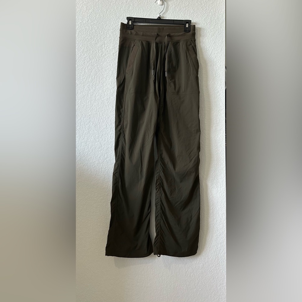 Lululemon Size 4 Olive Green Wide Leg Studio Pants Drawstring Nylon Stretch